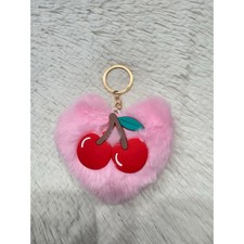 Pink Heart fuzzy Pompom cherry keychain bag charm