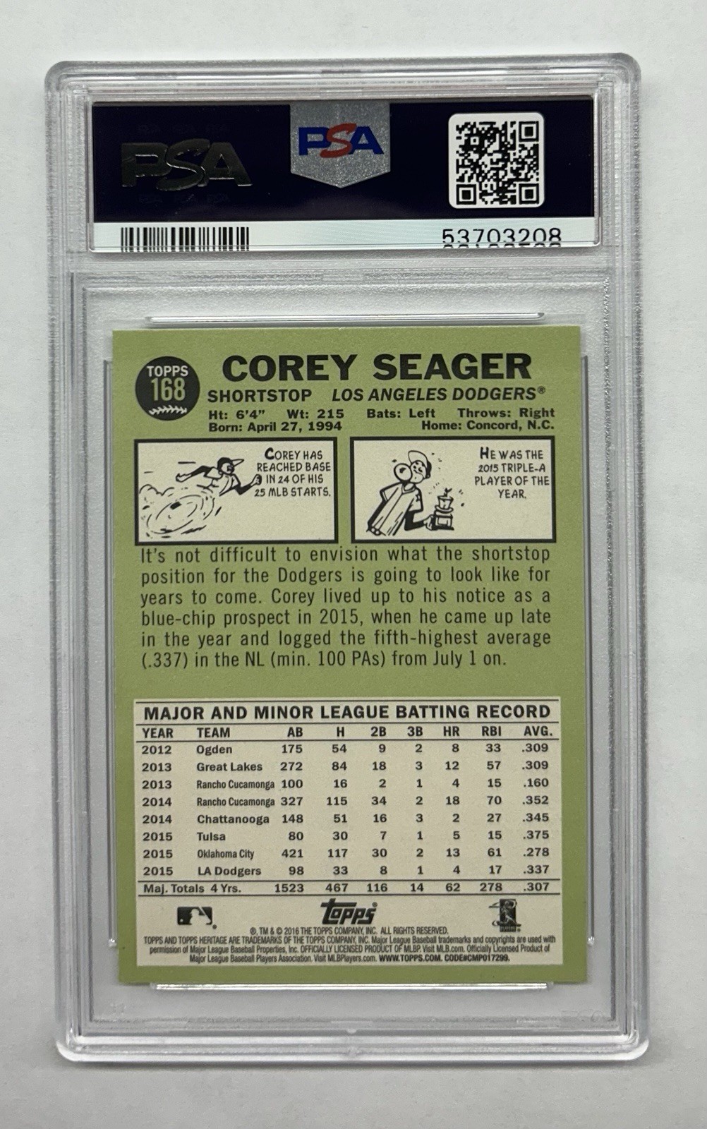 2016 Topps Heritage Corey Seager Action #168 PSA 9 Dodgers ROOKIE RC view 2