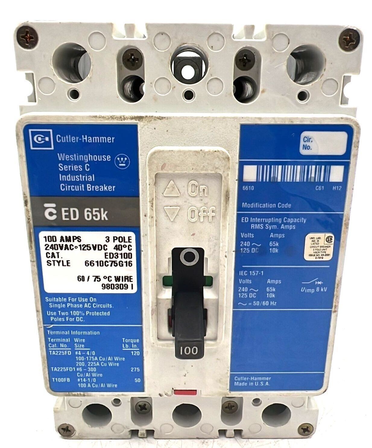 Cutler-Hammer ED3100 Circuit Breaker 100A 3P 240V 3PH ED 65k 100 Amp 3 Pole