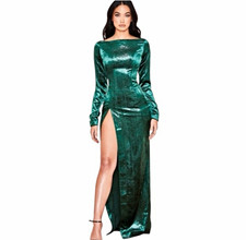 House of CB london Green Velvet Boat Neck Long Sleeve Maxi Dress Side Slit Sz L