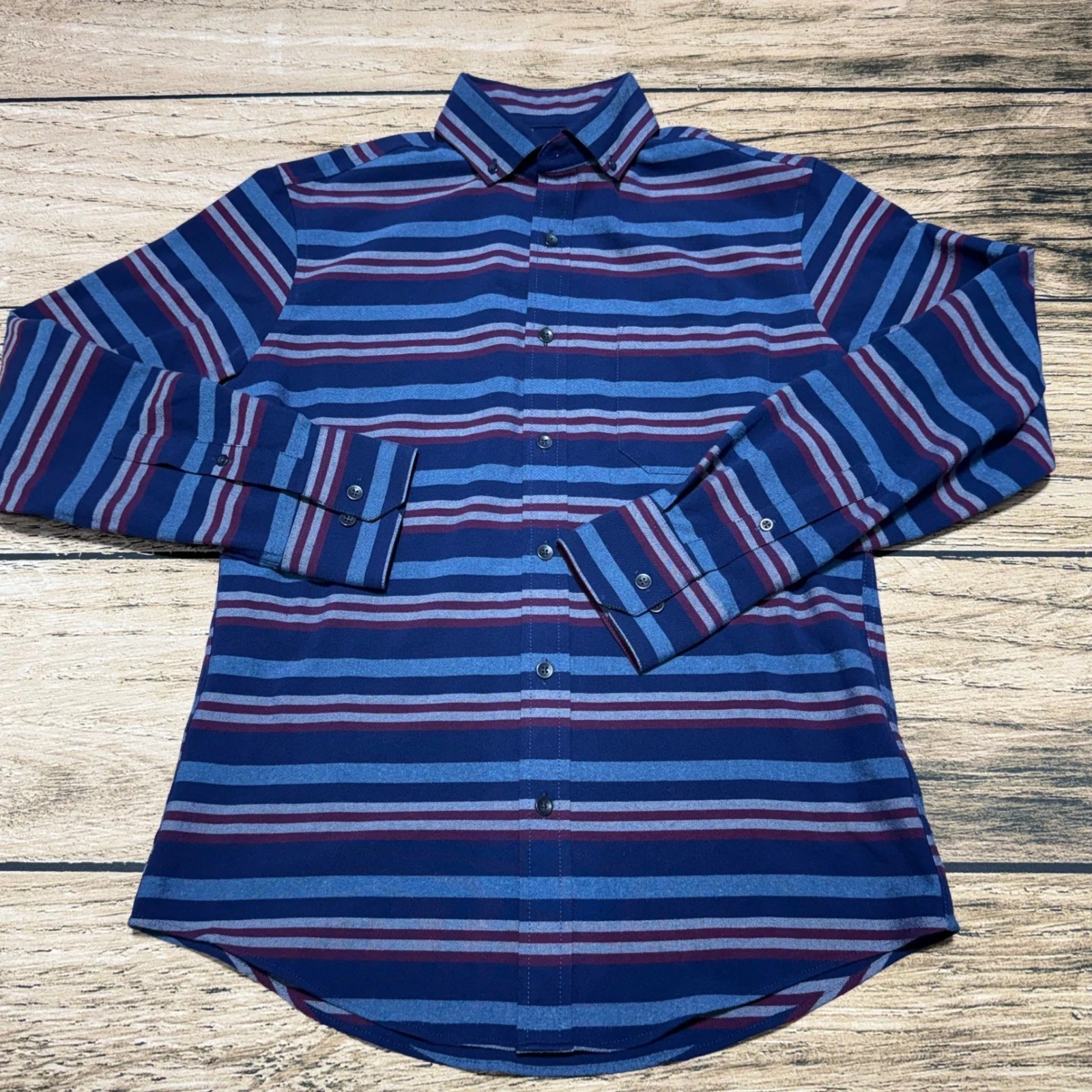 Mizzen+Main City Flannel Shirt Mens Small Blue Striped Trim Fit 1WS-0794