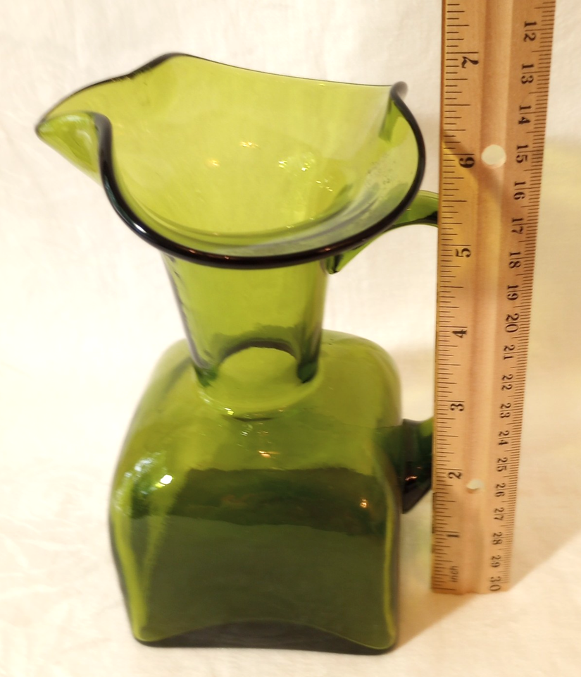 Handles With Ruffles Olive Green Glass Pitcher Ruffle Top Square Bottom Handle Vase Decor 7 ...