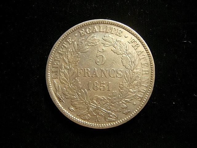 フランス 5フラン銀貨 1851年A（パリ鋳造）Cérèsタイプ フランス 5フラン銀貨 1851年A（パリ鋳造）Cérèsタイプ フランス 5