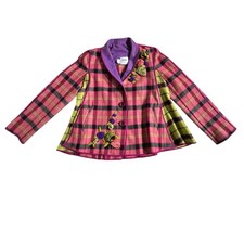 Vintage Moschino Blazer Jacket Appliqu  Floral Pink Plaid Size 10
