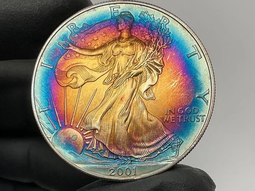 2001 American Silver Eagle 1oz MONSTER Bullseye 🎯 🌈 Toning Toned Toner Rainbow