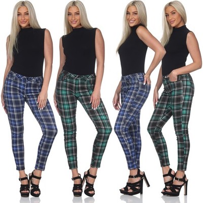 Damen Karohose Skinny Stretch Röhrenhose Slim Fit Mid Waist Stoffhose Business