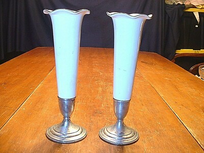 Pair of Lovely Vintage Sterling Weighted Preisner Porcelain Vases