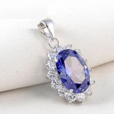 Oval Blue Tanzanite Silver Plated Pendant 18" Chain Necklace Lab-Created