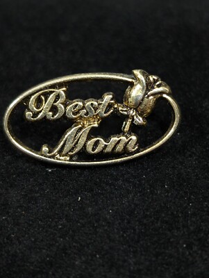 Vintage Best Mom Open Metal Work Gold Tone Oval Pin Flower Brooch