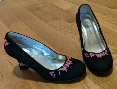 RAMPAGE Unity Sz Black Felt Wedge High Heel Shoes Pink Embroidered  Flowers