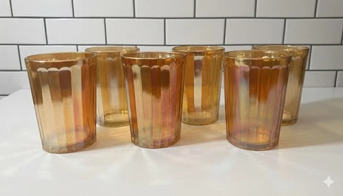 Peach Marigold Luster Ware Iridescent Carnival Glass Tumblers 10 Ounce Set of 6