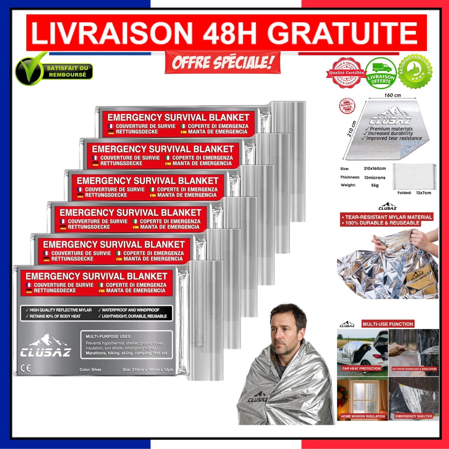 Contre l'Hypothermie Couverture de Survie XL Étanche CLUSAZ Haute Protection Thermique