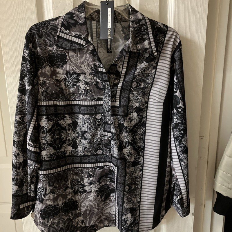 Plenty by Tracy Reese Black & Gray Henley Geometric Silky Tunic Sz Small  NWT