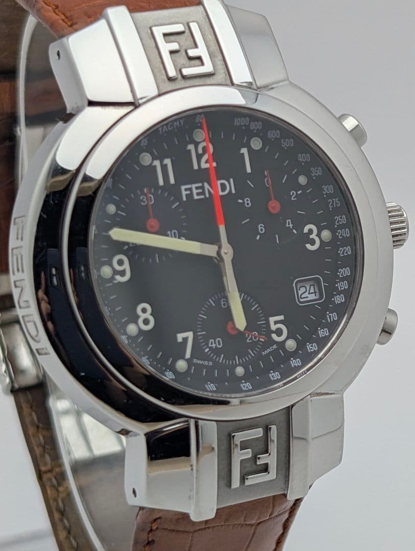 FENDI 4500G Chronograph Black Dial Brown Leather Men's Watch Box