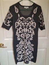 Pink Rose Midi Sweater Knit Dark Gray And Beige Short Sleeve Dress