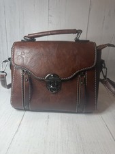 Brown Faux Leather Satchel Handbag Vintage Style Top Handle Shoulder Bag