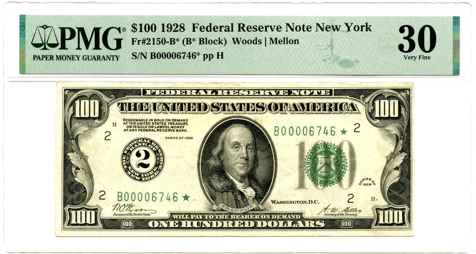 $100 1928 FRN New York, Fr#2150-B, PMG VF30 Scarce Star Note - Image 3 of 3