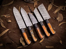 Premium Handcrafted Damascus Steel Chef Knife Set – Wood Handle + Leather Roll