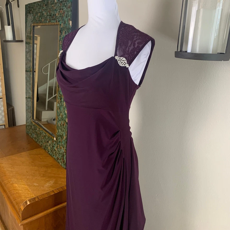 R&M Richards Petite Sz 10P Ruched Bum Long Dress Rhinestone Plum Wine Cocktail  - Image 3 of 4