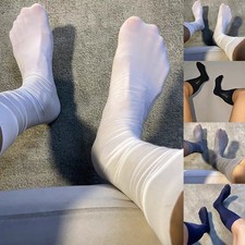 Stretchy Shiny Sheer Mesh Oil Socks Mens Over the Calf Stockings Navy blue