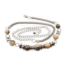 Women Silver Metal Chain Beaded Artsy Fashion Belt Gray Cream Pearl Beads S M