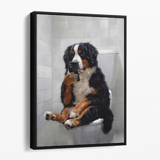 Bernese Mountain Dog On The Phone On The Toilet Funny Dog Canvas Wall Art Print