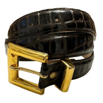 LEATHEROCK Brown Croc Print Patent Leather Belt Gold Buckle  display picture 2