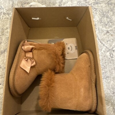 New Bearpaw Baby Girl Bow Boots Real Leather Booties Faux Fur 0-6 Months