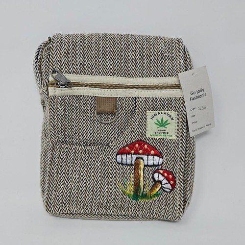Himalayan Hemp Crossbody Brown Tan Bag with Mushroom Embroidery and Adjustable
