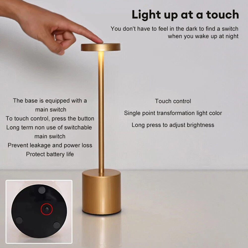 Close-up of metal touch table lamp with adjustable brightness