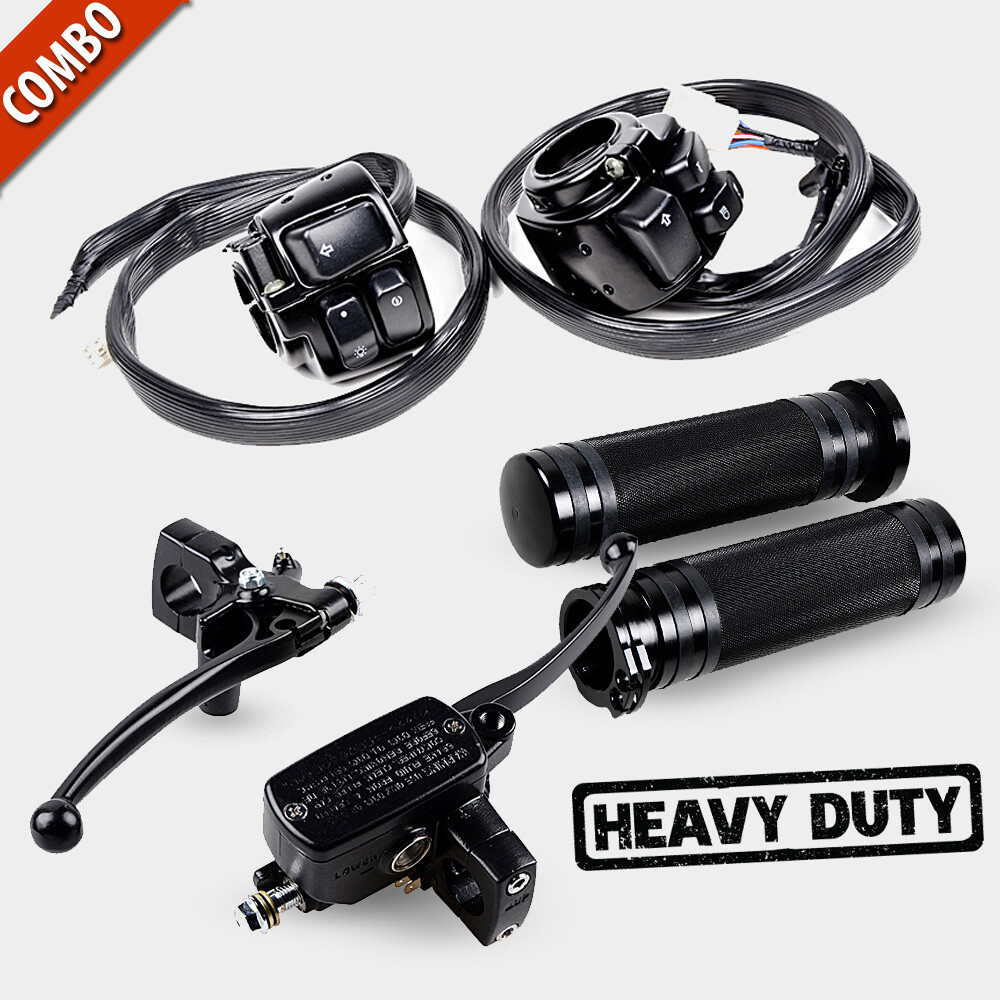 Black Motorcycle 1" Handlebar Hand Grips + Switch Controls + Brake Clutch Levers