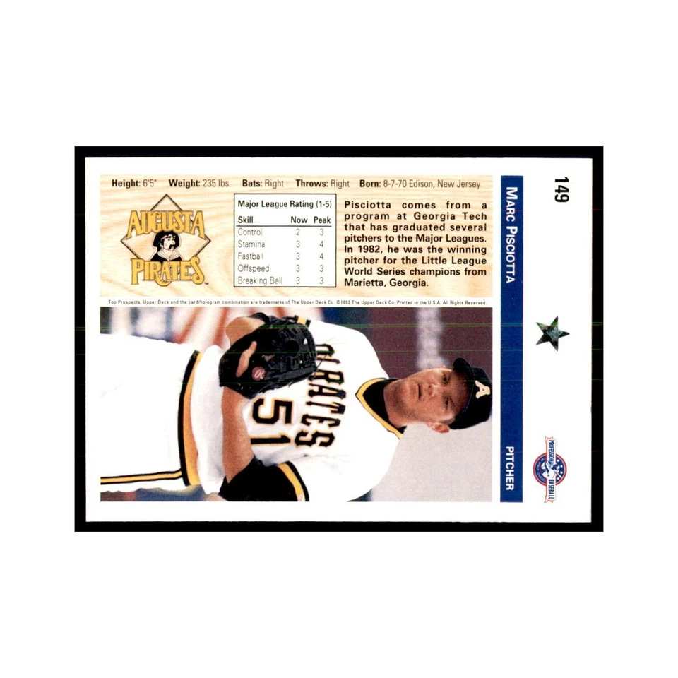 Marc Pisciotta 1992 Upper Deck Minor League #149 Baseball Cards Baseball Card NM - Image 2 of 3
