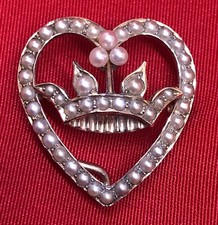 Reloj/broche colgante corazón y corona perlas semilla oro 14K