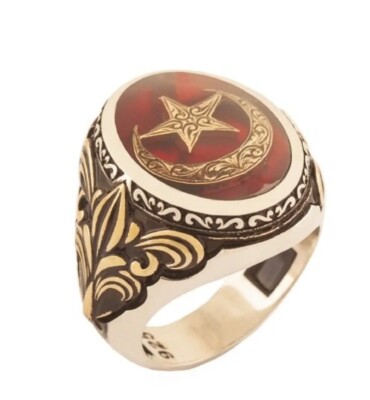 Malcolm X Ring Halbmond Mond Stern Ring emailliert geschnitzt 925K Sterling Silber Ring