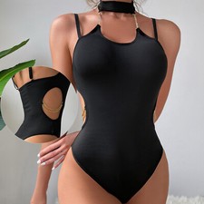 Womens Glossy One Piece Swimsuit High Cut Hollow Out Thong Bodysuit Bathing Suit