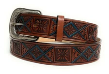 MEN'S  WESTERN LEATHER BELT, COWBOY RODEO CASUAL TURQUOISE DECORATED BELT