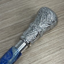 Vintage Silver Repousse w/Floral Decor Swagger Knob Walking Stick Cane Blue 36  