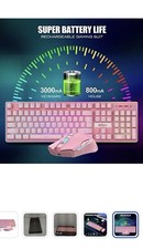 RedThunder K10 Wireless Keyboard and Mouse Gaming, LED Rechargeable 3800mAh Pink