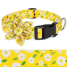 Yellow Daisy Floral Flower Pattern Dog Collar Bow Adjustable Soft Cute Fits S