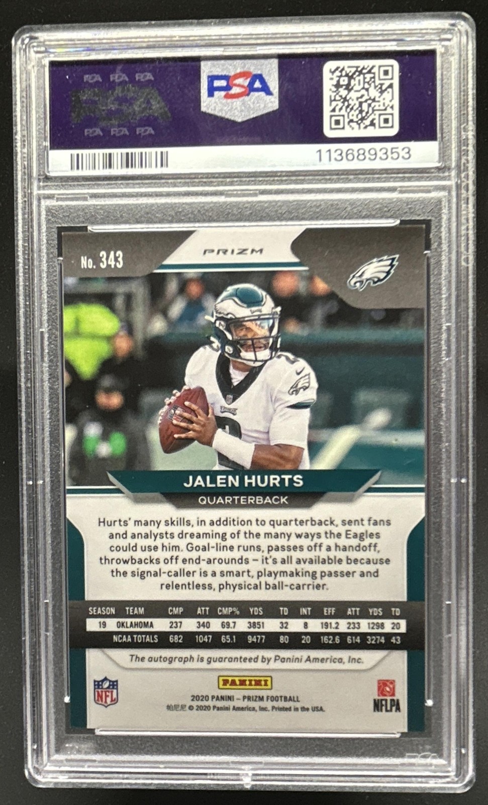 2020 Panini Prizm Jalen Hurts Auto RC Silver #343 Eagles PSA 10 GEM MINT Rookie view 2