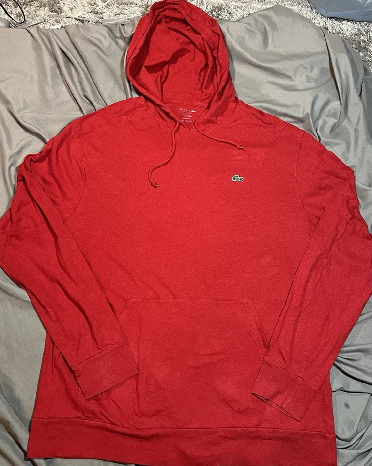 Lacoste 男式长袖连帽 T 恤尺寸 3XL 红色棉质标准版型 — 第 2/4 张图片
