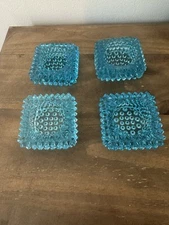 Set Of 4Vintage Blue Fenton Hobnail Open Salt Dip Cellar Blue Aqua Glass