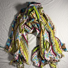 African Beat Multi-Colored Tribal Print Scarf with Tassel Trim 60  x44  Inches