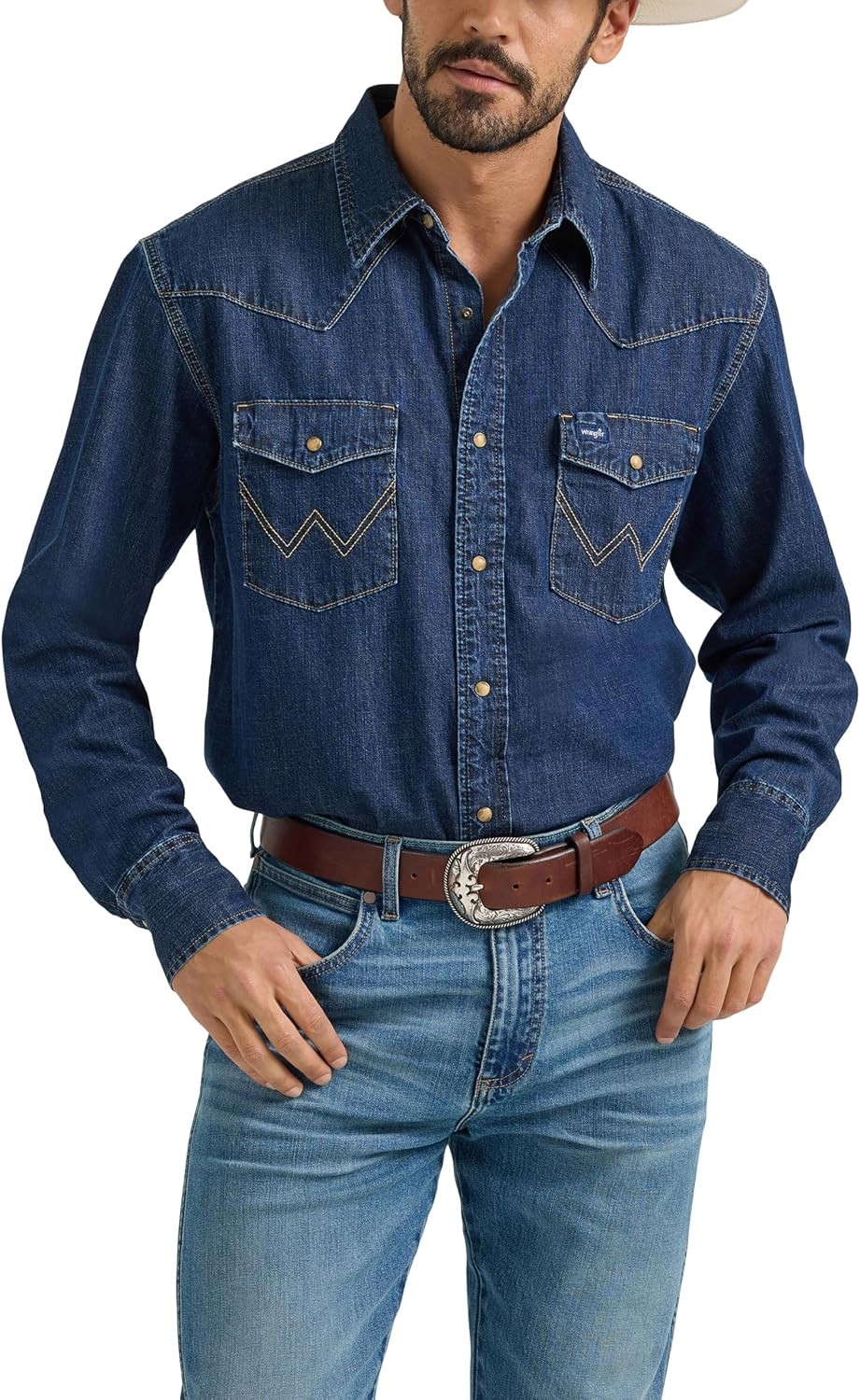 Men's Shirt Long Sleeve Mid Wash Denim Classic Fit Casual, Events, Outdoors