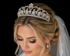 Bridal Tiara Princess Silver Wedding Headpiece Veil Accessory Crystal Crown Halo