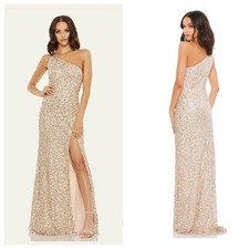 Mac Duggal Gold Silver Sequin One Shoulder Gown Slit Formal Dress Size 14 NWT