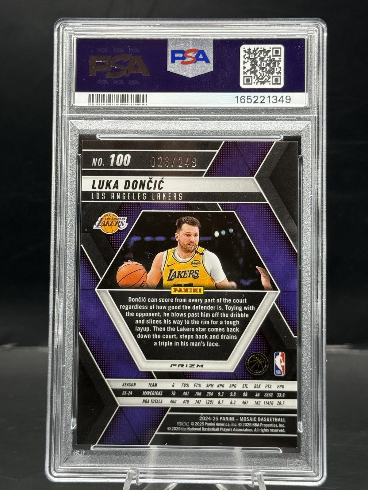 2024-25 Panini Mosaic #100 Luka Doncic Purple Fluorescent Mosaic #/249 PSA 8 view 2