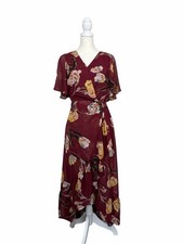 A New Day Floral Faux Wrap Midi Dress Burgundy Tulip Print Flutter Sleeve Small