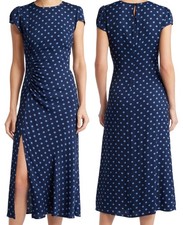 Reformation Frasier Women's Polka Dot Ruched Sheath Midi Slit Dress Blue Size 12