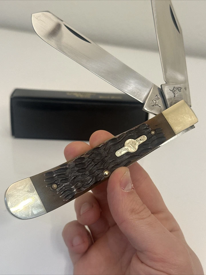 CUCHILLO TRAMPERO VINTAGE ALEMÁN TORO CIERVO ACERO INOXIDABLE TAMAÑO COMPLETO Nuevo Foto 4 de 4